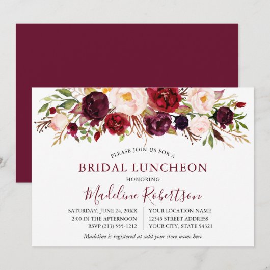 Invitation Aquarelle Burgundy Floral Bridal Luncheon (Devant / Derrière)