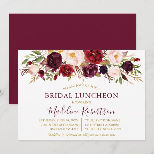 Invitation Aquarelle Burgundy Floral Gold Bride déjeuner (Devant / Derrière)
