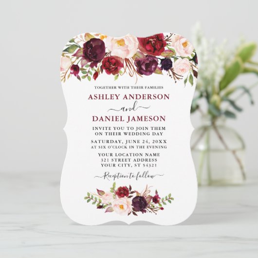 Invitation Aquarelle Burgundy Mariage Floral (Debout devant)