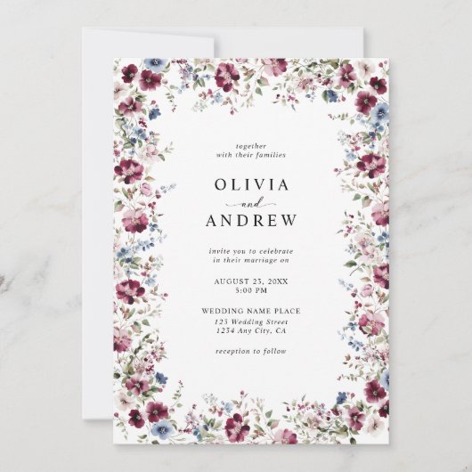 Invitation Aquarelle Burgundy Marine Bleu Floral Mariage (Devant)