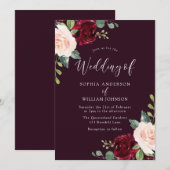 Invitation Aquarelle Burgundy profonde Mariage floral (Devant / Derrière)