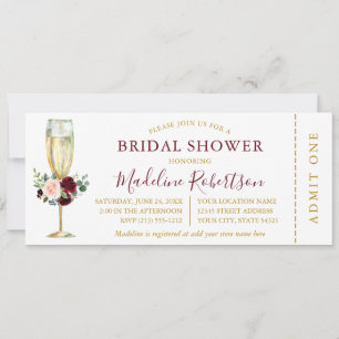 Invitation Aquarelle Burgundy Rose Floral Douche Billet