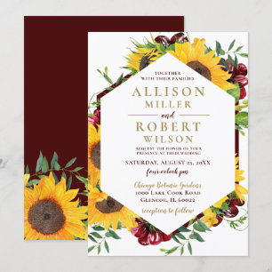 Invitation Aquarelle Burgundy Tournesol Rustique Mariage
