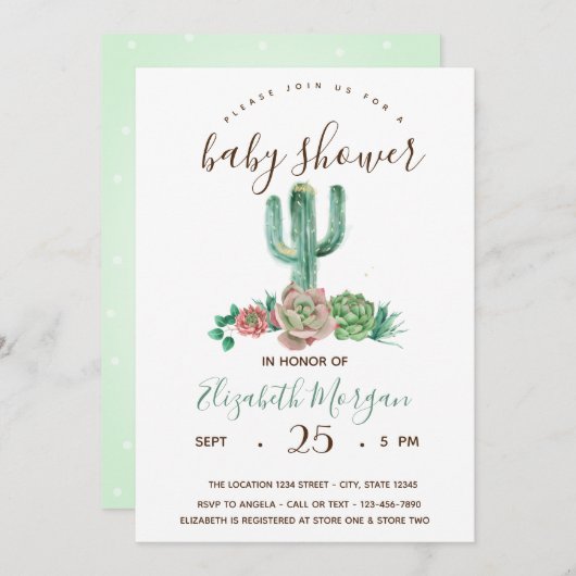 Invitation Aquarelle Cactus Baby shower de points succulents (Devant / Derrière)