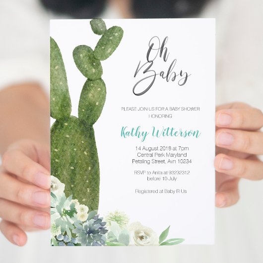 Invitation Aquarelle Cactus Baby shower neutre pour les femme