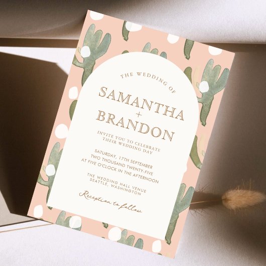 Invitation Aquarelle Cactus Romantique Peachy Mariage or