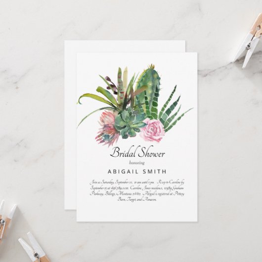 Invitation Aquarelle Cactus rose Floral blanc Fête des mariée (Devant/Arrière en situation)