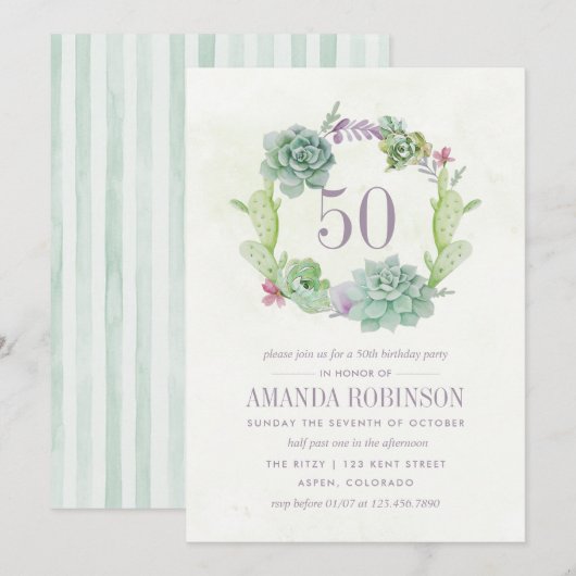Invitation Aquarelle Cactus Succulentes du désert 50e Anniver (Devant / Derrière)