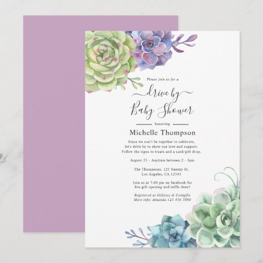 Invitation Aquarelle Cactus Succulents Drive Par Douche (Devant / Derrière)