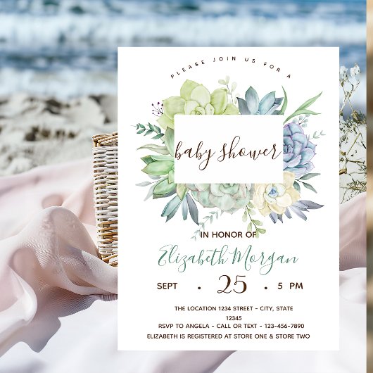 Invitation Aquarelle Cactus Succulents Points Baby shower