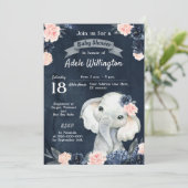 Invitation Aquarelle cadeau éléphant Floral Navy rose bébé (Debout devant)