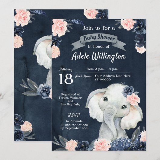 Invitation Aquarelle cadeau éléphant Floral Navy rose bébé (Devant / Derrière)