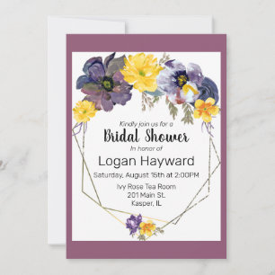 Invitation Aquarelle cadre doré floral gris jaune prune