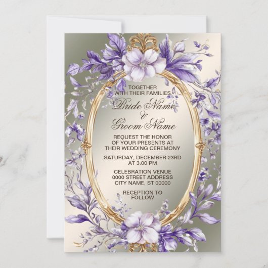 Invitation Aquarelle Cadre doré violet Mariage Fleurs (Devant)