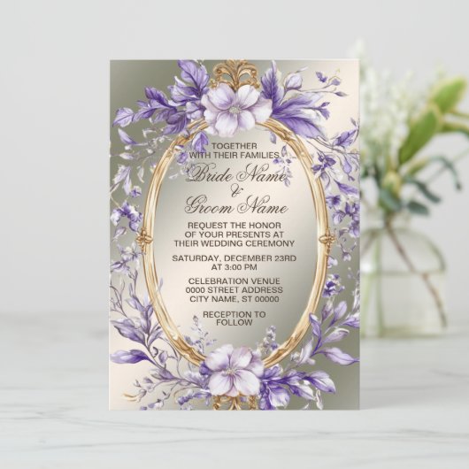 Invitation Aquarelle Cadre doré violet Mariage Fleurs (Debout devant)