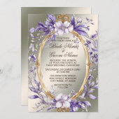 Invitation Aquarelle Cadre doré violet Mariage Fleurs (Devant / Derrière)