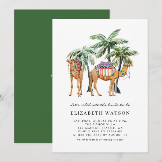 Invitation Aquarelle Camels Palm Trees Fête des mariées du dé (Devant / Derrière)