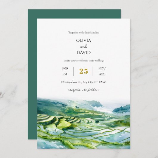 Invitation Aquarelle Campagne Côtière Champ Plage Mariage (Devant / Derrière)