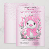 Invitation Aquarelle Canard rose Fleur 1er anniversaire (Devant / Derrière)