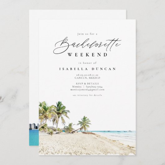 Invitation Aquarelle Cancun Mexique Bachelorette Itinéraire (Devant / Derrière)
