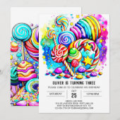Invitation Aquarelle Candyland anniversaire (Devant / Derrière)