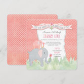 Invitation Aquarelle Carré mignonne fille Baby shower Eléphan (Devant / Derrière)