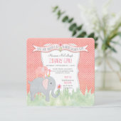 Invitation Aquarelle Carré mignonne fille Baby shower Eléphan (Debout devant)