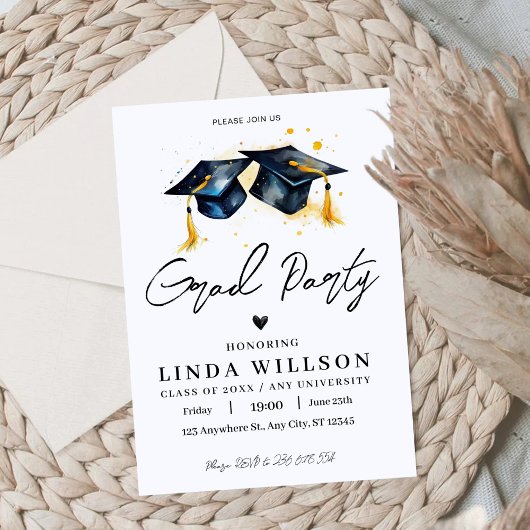 Invitation Aquarelle Casquette de graduation