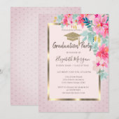 Invitation Aquarelle Casquette Gold Grad Fleurs Dots Graduati (Devant / Derrière)