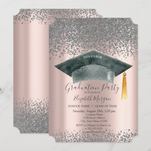 Invitation Aquarelle Casquette gradué, Diamants Rose graduati (Devant / Derrière)