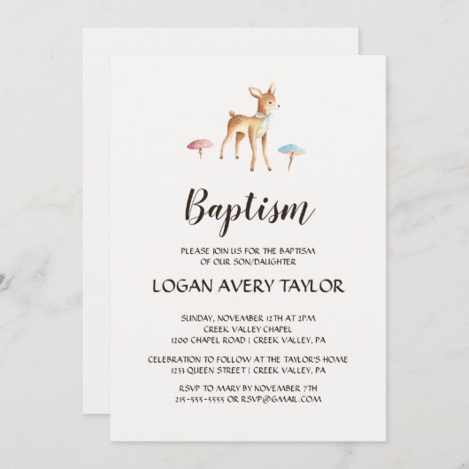 Invitation Aquarelle Cerf de Bébé avec Baptême de Champignons (Devant / Derrière)