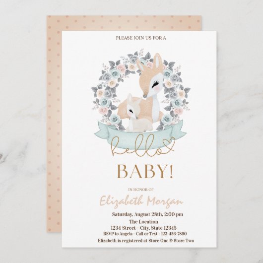 Invitation Aquarelle Cerfs de Bébé Fleurs Points Baby shower (Devant / Derrière)