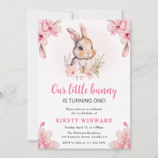 Invitation Aquarelle Cerise Fleurs Rabbit 1er Anniversaire (Devant)