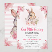 Invitation Aquarelle Cerise Fleurs Rabbit 1er Anniversaire (Devant / Derrière)