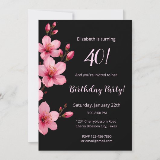 Invitation Aquarelle Cerisier Fleurs Rose Noir Anniversaire (Devant)