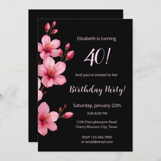 Invitation Aquarelle Cerisier Fleurs Rose Noir Anniversaire (Devant / Derrière)