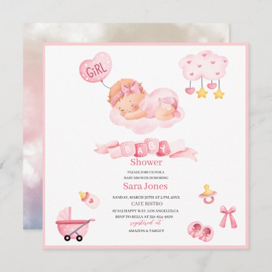 Invitation Aquarelle c'est fille Boho Nursery Baby shower In (Devant / Derrière)
