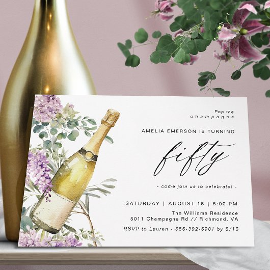 Invitation Aquarelle Champagne Élégante 50e anniversaire fémi