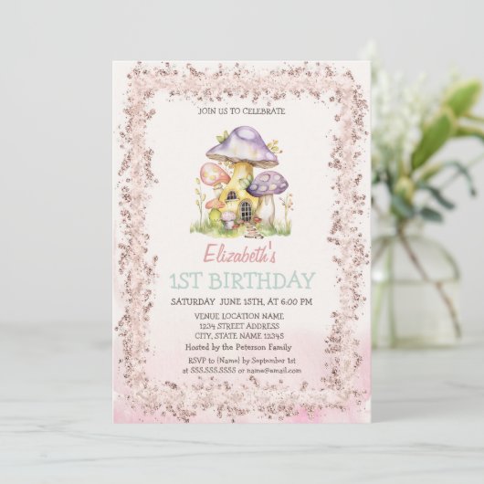 Invitation Aquarelle Champignon Maisons Parties scintillant C (Debout devant)