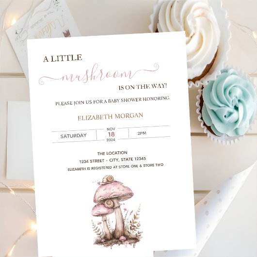 Invitation Aquarelle Champignons Baby shower à escargots
