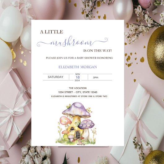 Invitation Aquarelle Champignons Baby shower pointillé