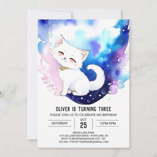 Invitation Aquarelle Chat enchantement Anniversaire (Devant)