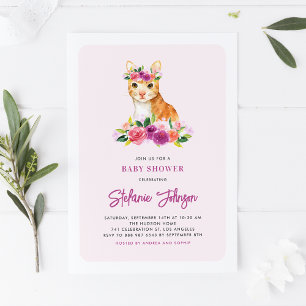 Invitation Aquarelle Chat orange Baby shower de fleurs violet