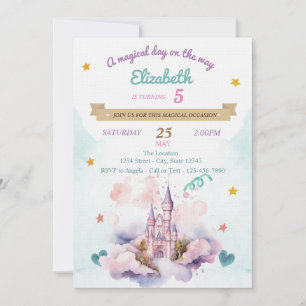 Invitation Aquarelle Château Nuages Étoiles Anniversaire