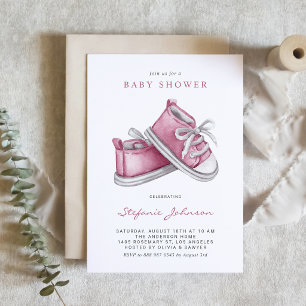 Invitation Aquarelle Chaussons Bébé Rose Code QR Baby Shower