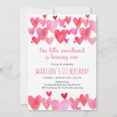 Invitation Aquarelle Chérie Coeurs Premier anniversaire (Devant)