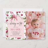 Invitation Aquarelle Cherry Rouge & rose Photo Anniversaire (Devant)