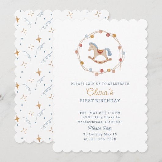 Invitation Aquarelle, cheval à bascule, pom-poms, anniversair (Devant / Derrière)