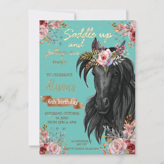 Invitation Aquarelle cheval anniversaire cowgirl Pony (Devant)