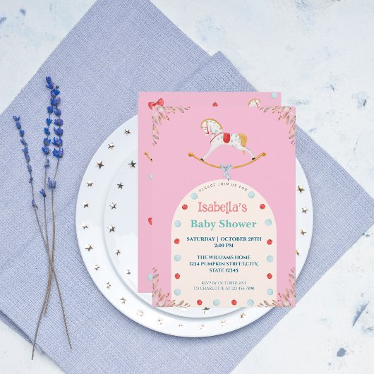 Invitation Aquarelle Cheval Rocse Baby shower rose